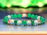 Jade - Jadeite Imperial Green•Opalite•Copper Lava Stone•Custom Size Round Smooth Stretch (8mm) Natural Gemstone Crystal Energy Bead Bracelet