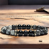 Intention - Personal Growth•Empowerment•Manifestation Onyx - Black Onyx•Spiderweb Jasper•Black Larvikite Labradorite•Pyrite•Custom Size•Round Smooth Stretch (8mm) Natural Gemstone Crystal Energy Bead Bracelet