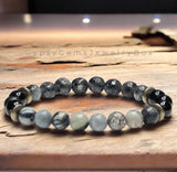 Intention - Personal Growth•Empowerment•Manifestation Onyx - Black Onyx•Spiderweb Jasper•Black Larvikite Labradorite•Pyrite•Custom Size•Round Smooth Stretch (8mm) Natural Gemstone Crystal Energy Bead Bracelet