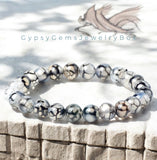 Agate - Dragon Vein Agate Black/White•Custom Size•Round Smooth Stretch (8mm) Natural Gemstone Crystal Energy Bead Bracelet