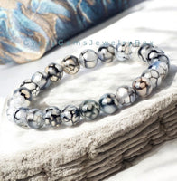 Agate - Dragon Vein Agate Black/White•Custom Size•Round Smooth Stretch (8mm) Natural Gemstone Crystal Energy Bead Bracelet