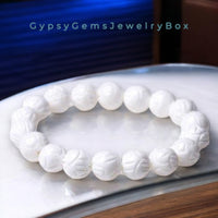 Carved Lotus White Tridacna Pearl "Pearl of Lao Tzu" Clam Shell Coral Vermeil Custom Size Round Stretch (8mm) Natural Earth Energy Bead Bracelet