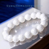 Carved Lotus White Tridacna Pearl "Pearl of Lao Tzu" Clam Shell Coral Vermeil Custom Size Round Stretch (8mm) Natural Earth Energy Bead Bracelet