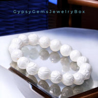 Carved Lotus White Tridacna Pearl "Pearl of Lao Tzu" Clam Shell Coral Vermeil Custom Size Round Stretch (8mm) Natural Earth Energy Bead Bracelet