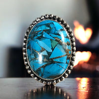 Turquoise Copper Natural Gemstone .925 Sterling Silver Oval Ring (Size 7)
