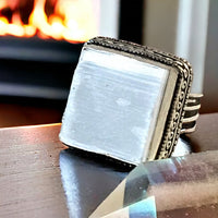 Selenite Natural Raw Gemstone .925 Sterling Silver Statement Ring (Size 7.5)