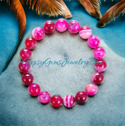 Agate Banded Botswana Stripe Pink Agate Custom Size Round Smooth Stretch (8mm) Natural Gemstone Crystal Energy Bead Bracelet