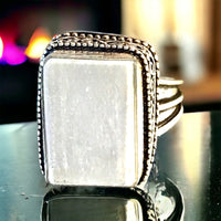 Selenite Natural Raw Gemstone .925 Sterling Silver Statement Ring (Size 8.75)