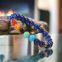 7 Chakra & Lapis Lazuli Silver Custom Size Round Smooth Stretch Natural Gemstone Crystal Energy Bead Bracelet