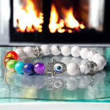7 Chakra & Howlite White + Silver Hamsa Hand Evil Eye Custom Size Round Smooth Stretch Natural Gemstone Crystal Energy Bead Bracelet