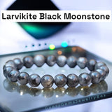 Larvikite - Black Moonstone Blue Aura Norwegian Labradorite, Blue Flame Custom Size  Round Smooth Stretch (8mm) Natural Gemstone Crystal Energy Bead Bracelet