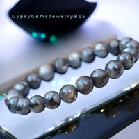 Larvikite - Black Moonstone Blue Aura Norwegian Labradorite, Blue Flame Custom Size  Round Smooth Stretch (8mm) Natural Gemstone Crystal Energy Bead Bracelet