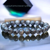 Larvikite - Black Moonstone Blue Aura Norwegian Labradorite, Blue Flame Custom Size  Round Smooth Stretch (8mm) Natural Gemstone Crystal Energy Bead Bracelet