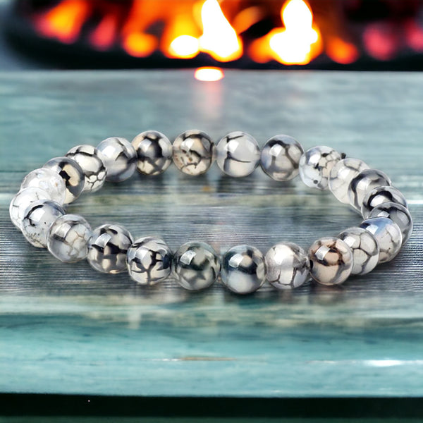 Agate - Dragon Vein Black/White Custom Size Round Smooth Stretch (8mm) Natural Gemstone Crystal Energy Bead Bracelet