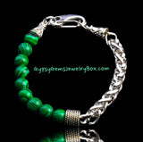 Malachite•Beads Meet Chain•Stainless Steel Wheat Chain (8mm) Lobster Clasp Natural Gemstone Crystal Energy Bead Bracelet