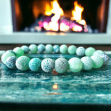 Agate - Dream Fire Agate Green Frost Matte Weathered Crackle Custom Size Rustic Round Stretch (8mm) Natural Gemstone Crystal Energy Bead Bracelet