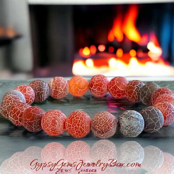 Agate - Dream Fire Agate Red Crackled Weathered Matte Frost Custom Size Round Rustic Stretch (8mm) Natural Gemstone Crystal Energy Bead Bracelet