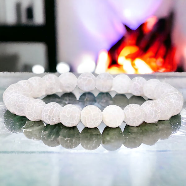 Agate - Dream Fire Agate White Crackled Weathered Matte Frost Custom Size Round Rustic Stretch (8mm) Natural Gemstone Crystal Energy Bead Bracelet