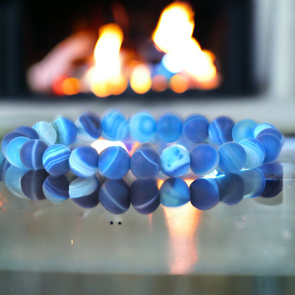 Agate - Dream Fire Blue Banded Stripe Agate Custom Size Frost Matte Rustic Round Stretch (8mm) Natural Gemstone Crystal Energy Bead Bracelet