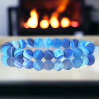 Agate - Banded Botswana Stripe Blue Agate Custom Size Frost Matte Rustic Round Stretch (8mm) Natural Gemstone Crystal Energy Bead Bracelet