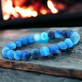 Agate - Banded Botswana Stripe Blue Agate Custom Size Frost Matte Rustic Round Stretch (8mm) Natural Gemstone Crystal Energy Bead Bracelet