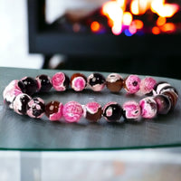 Agate - Fire Agate Pink Black Custom Size Round Smooth Stretch (8mm) Natural Gemstone Crystal Energy Bead Bracelet