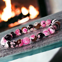 Agate - Fire Agate Pink Black Custom Size Round Smooth Stretch (8mm) Natural Gemstone Crystal Energy Bead Bracelet