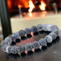 Agate - Dream Fire Agate Black Custom Size Crackled Weathered Matte Frost Round Rustic Stretch (8mm) Natural Gemstone Crystal Energy Bead Bracelet