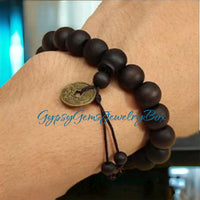 Feng Shui Fortune Prosperity Coin Buddha Prayer Good Luck Stretch Black Wood 12mm Energy Bead Bracelet