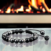 Onyx + Hematite Braided Macrame Adjustable Sliding Knot Round Smooth (8mm) Natural Gemstone Crystal Energy Bead Bracelet