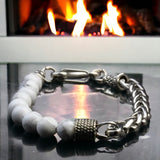 Howlite - White Half Bead Half Stainless Steel Wheat Chain (8mm) Lobster Clasp Natural Gemstone Crystal Energy Bead Bracelet
