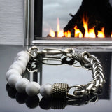 Howlite - White Half Bead Half Stainless Steel Wheat Chain (8mm) Lobster Clasp Natural Gemstone Crystal Energy Bead Bracelet