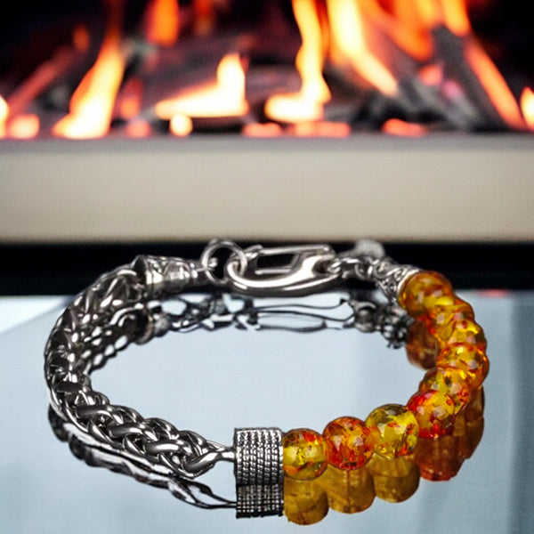 Amber•Beads Meet Chain•Stainless Steel Wheat Chain (8mm) Lobster Clasp Natural Gemstone Crystal Energy Bead Bracelet