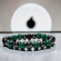 Malachite + Hematite + Black Onyx Custom Size Round Smooth Stretch (8mm) Natural Gemstone Crystal Energy Bead Bracelet