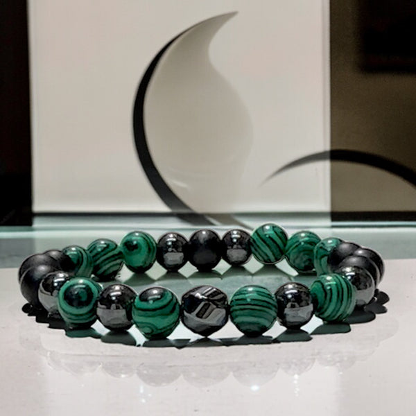 Malachite + Hematite + Black Onyx Custom Size Round Smooth Stretch (8mm) Natural Gemstone Crystal Energy Bead Bracelet