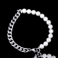 Pearl - White Half Bead Half Stainless Steel Cuban Curb Link Chain (8mm) Lobster Clasp Natural Gemstone Crystal Energy Bead Bracelet