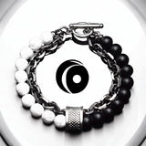 Howlite + Black Onyx - White/Black Stone Bead and Chain - Silver or Gun Black Stainless Steel Cuban Curb Link Chain (8mm) Toggle Clasp Heavy Natural Gemstone Crystal Energy Bead Bracelet