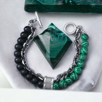 Malachite + Black Onyx - Green/Black Stone Bead and Chain - Silver or Gun Black Stainless Steel Cuban Curb Link Chain (8mm) Toggle Clasp Heavy Natural Gemstone Crystal Energy Bead Bracelet