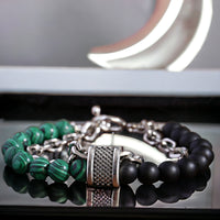 Malachite + Black Onyx - Green/Black Stone Bead and Chain - Silver or Gun Black Stainless Steel Cuban Curb Link Chain (8mm) Toggle Clasp Heavy Natural Gemstone Crystal Energy Bead Bracelet