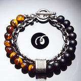 Tiger’s Eye + Black Onyx - Brown/Black Stone Bead and Chain - Silver or Gun Black Stainless Steel Cuban Curb Link Chain (8mm) Toggle Clasp Heavy Natural Gemstone Crystal Energy Bead Bracelet
