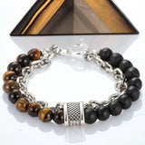 Tiger’s Eye + Black Onyx - Brown/Black Stone Bead and Chain - Silver or Gun Black Stainless Steel Cuban Curb Link Chain (8mm) Toggle Clasp Heavy Natural Gemstone Crystal Energy Bead Bracelet