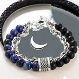Lapis Lazuli + Black Onyx - Blue/Black Stone Bead and Chain - Silver or Gun Black Stainless Steel Cuban Curb Link Chain (8mm) Toggle Clasp Heavy Natural Gemstone Crystal Energy Bead Bracelet