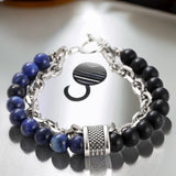 Lapis Lazuli + Black Onyx - Blue/Black Stone Bead and Chain - Silver or Gun Black Stainless Steel Cuban Curb Link Chain (8mm) Toggle Clasp Heavy Natural Gemstone Crystal Energy Bead Bracelet