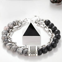 Jasper - Map Stone + Black Onyx - Gray/Black Stone Bead and Chain - Silver or Gun Black Stainless Steel Cuban Curb Link Chain (8mm) Toggle Clasp Heavy Natural Gemstone Crystal Energy Bead Bracelet