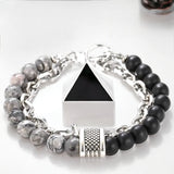 Jasper - Map Stone + Black Onyx - Gray/Black Stone Bead and Chain - Silver or Gun Black Stainless Steel Cuban Curb Link Chain (8mm) Toggle Clasp Heavy Natural Gemstone Crystal Energy Bead Bracelet