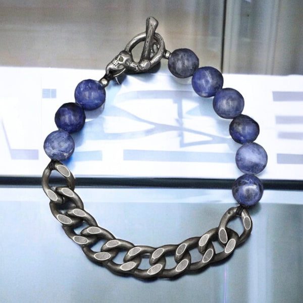 Lapis Lazuli Half Bead Half Heavy Stainless Steel Cuban Curb Link Chain (10mm) Lobster Clasp Natural Gemstone Crystal Energy Bead Bracelet