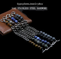 Onyx Black Onyx + Lava Stone Half Bead Half Heavy Stainless Steel Cuban Curb Link Chain (10mm) Lobster Clasp Natural Gemstone Crystal Energy Bead Bracelet