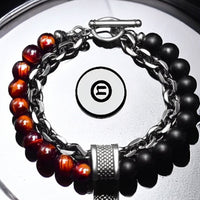 Tiger’s Eye Red + Black Onyx - Red/Black Stone Bead and Chain - Silver or Gun Black Stainless Steel Cuban Curb Link Chain (8mm) Toggle Clasp Heavy Natural Gemstone Crystal Energy Bead Bracelet