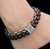 Tiger’s Eye Red + Black Onyx - Red/Black Stone Bead and Chain - Silver or Gun Black Stainless Steel Cuban Curb Link Chain (8mm) Toggle Clasp Heavy Natural Gemstone Crystal Energy Bead Bracelet