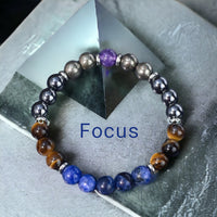 Intention - Focus - Amethyst + Pyrite + Tiger Eye + Sodalite + Hematite Custom Size Round Smooth Stretch (8mm) Natural Gemstone Crystal Energy Bead Bracelet
